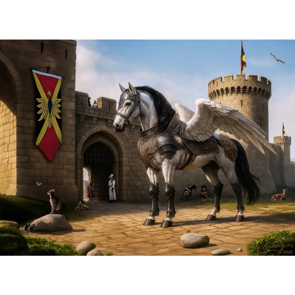 Armored winged horse fantasy art poster for Oso Guardian of the Keep with majestic Pegasus
