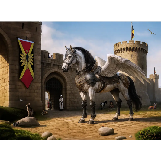 Armored winged horse fantasy art poster for Oso Guardian of the Keep with majestic Pegasus