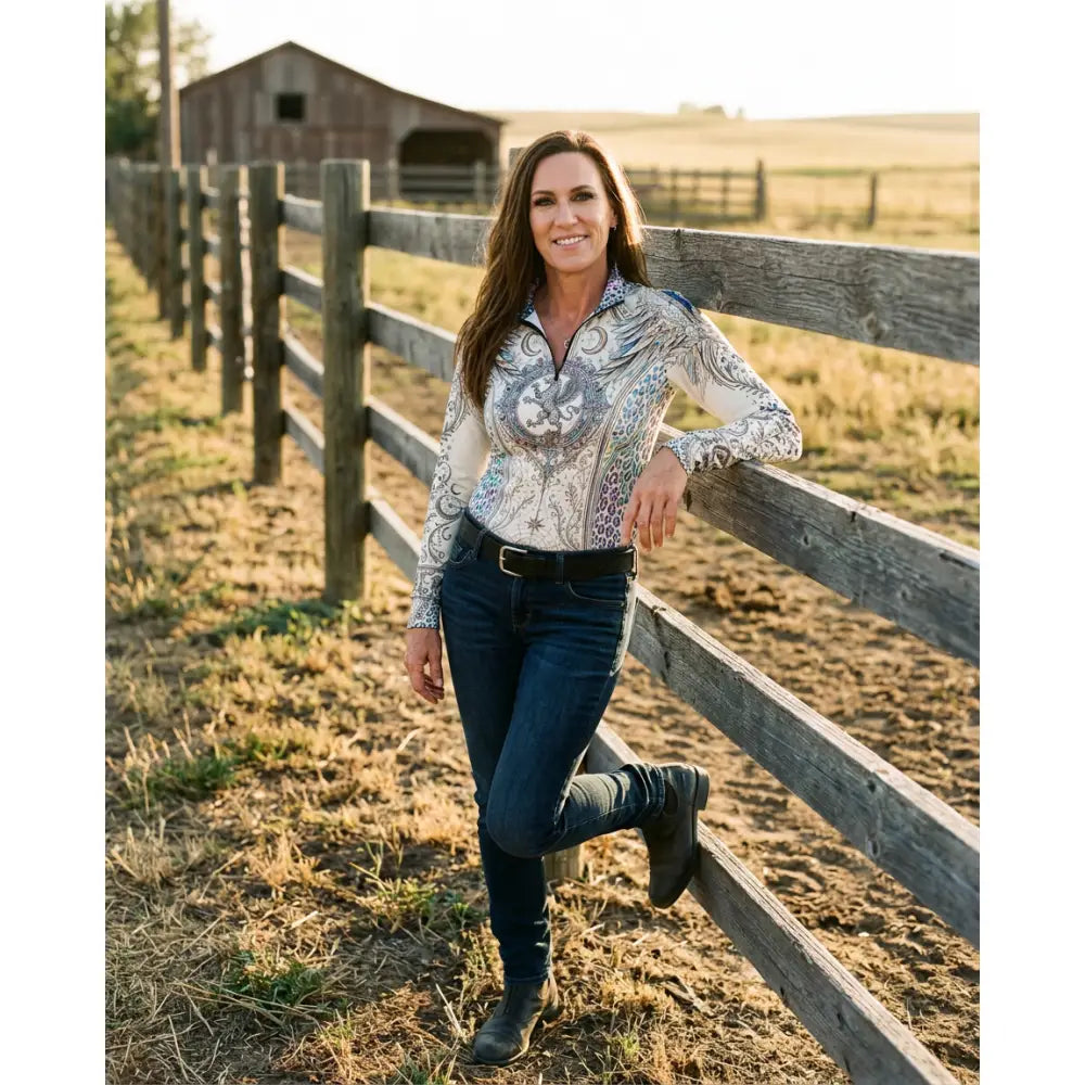 White long-sleeved western-style blouse with intricate silver and gray paisley embroidery pantera arcana equestrian sun shirt