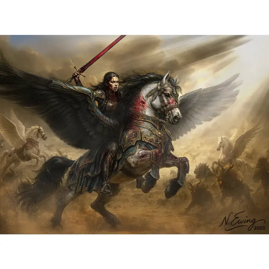 Platinum tier premium custom equine fantasy portrait of a black-winged warhorse with custom armor and cinematic depth simulation for framed print