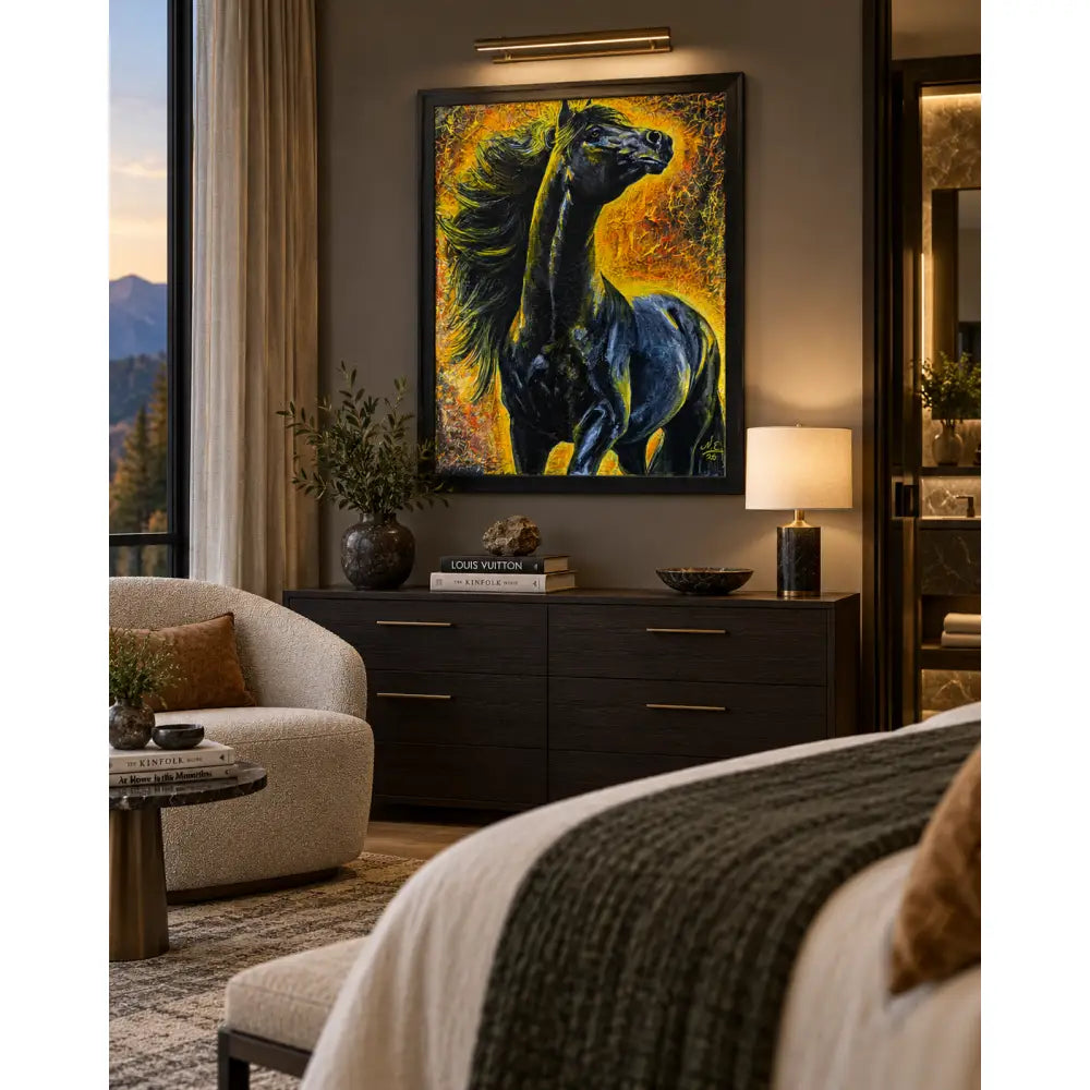 A vibrant fine art print of a black horse with flowing mane by Nadine Ewing titled Pyreborne