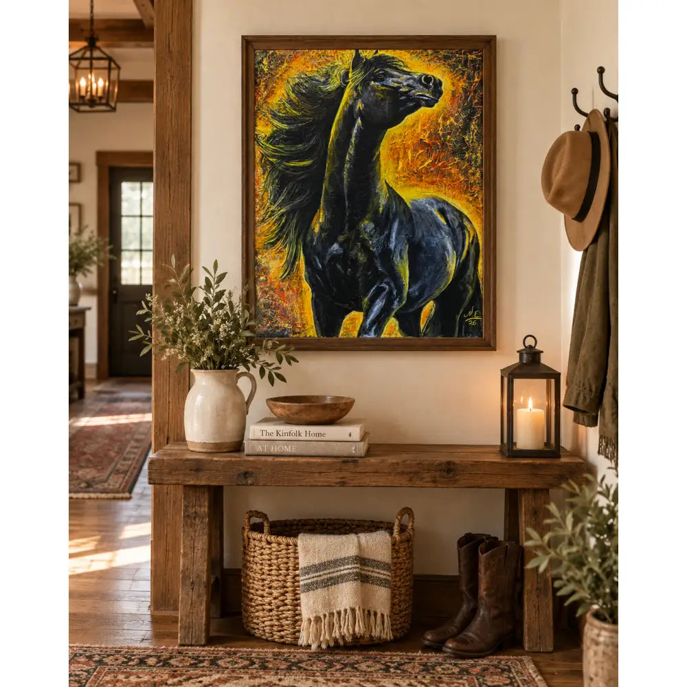 A vibrant fine art print of a black horse with flowing mane against fiery background by Nadine Ewing