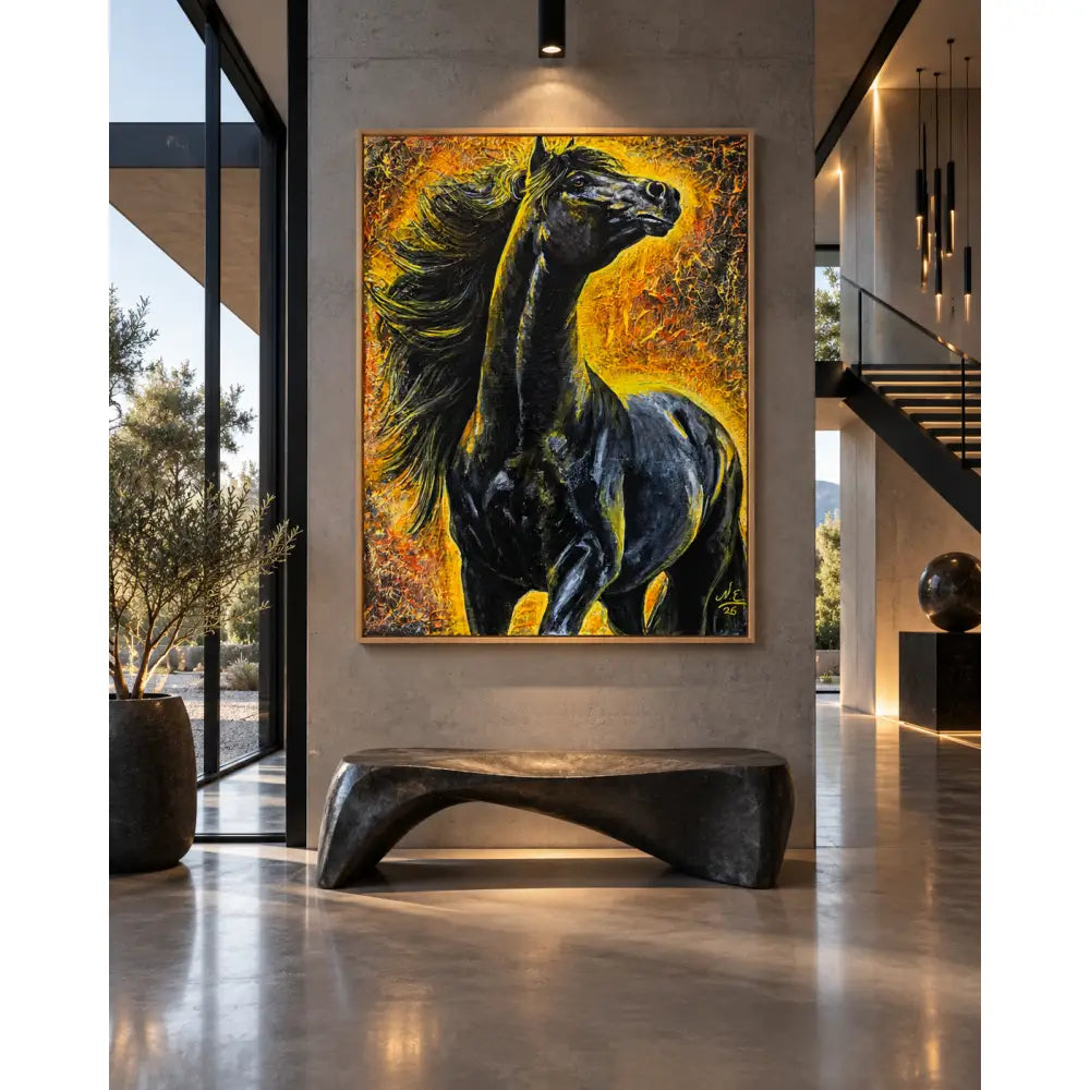 Pyreborne fine art print by Nadine Ewing features a striking black horse with fiery orange background in a light wood frame