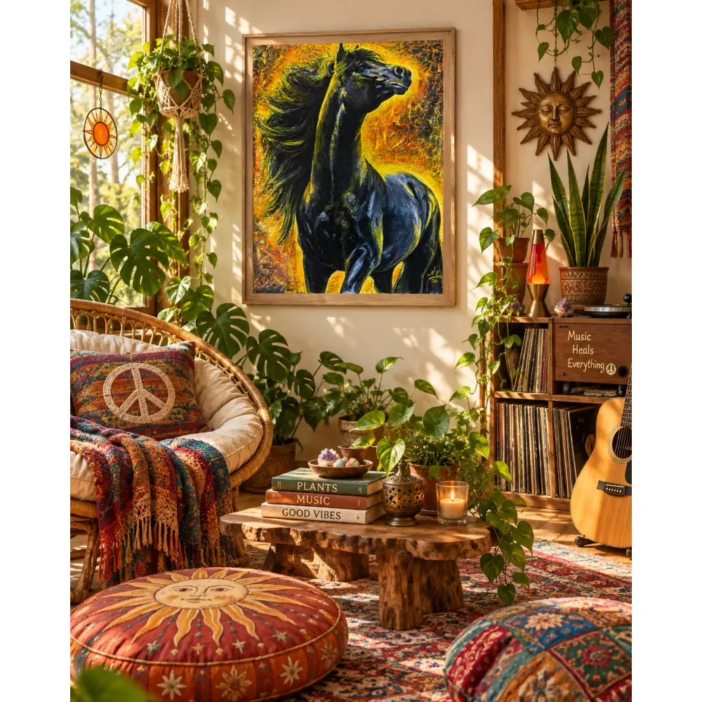 Vibrant yellow and black fine art print of a galloping horse by Nadine Ewing in a wooden frame Pyreborne collection