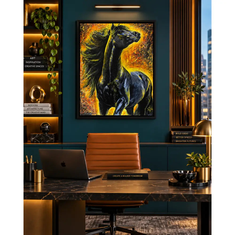 A vibrant fine art print of a black horse with flowing mane by nadine ewing titled pyreborne
