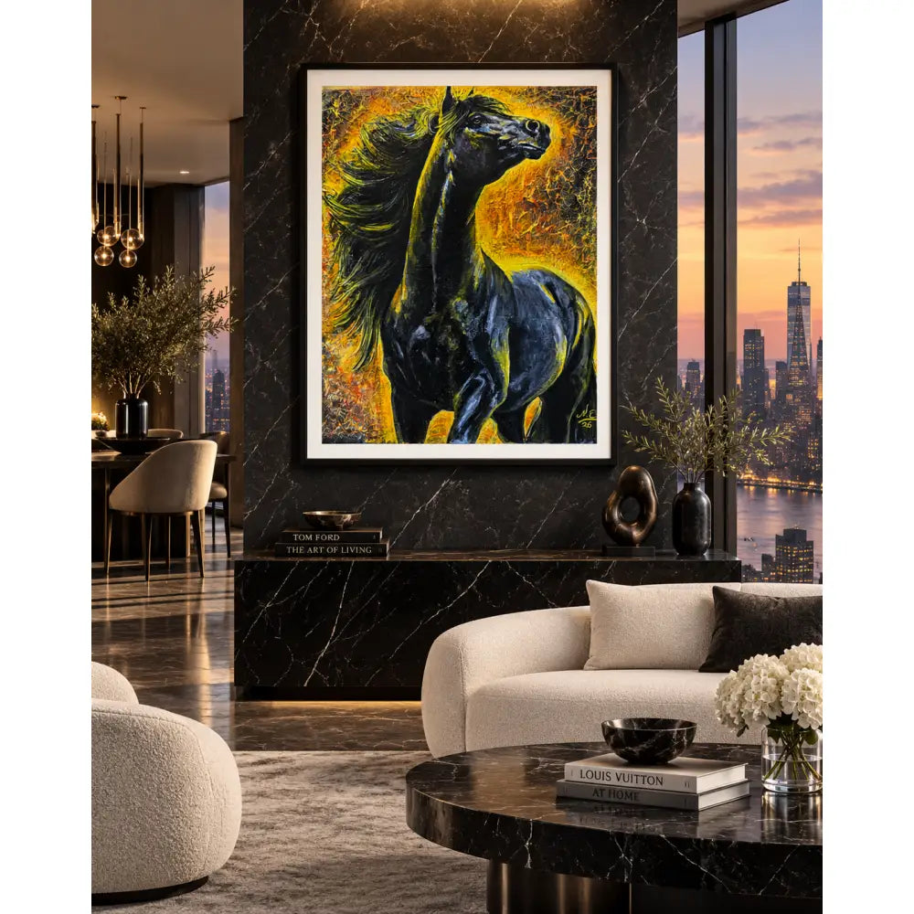 A vibrant fine art print of a black horse with glowing highlights by Nadine Ewing titled Pyreborne