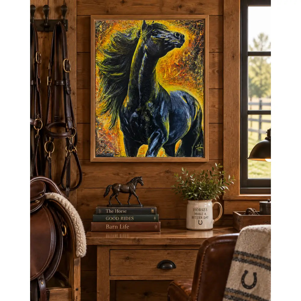 A vibrant fine art print of a black horse with flowing mane on fiery yellow and orange background by nadine ewing