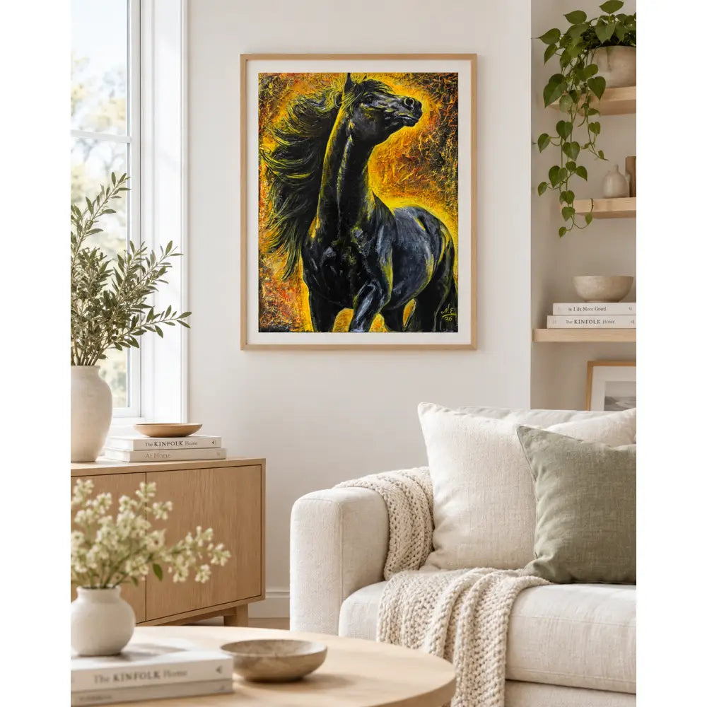 Pyreborne equestrian fine art print by nadine ewing features a black horse with flowing mane on yellow orange background in light wood frame