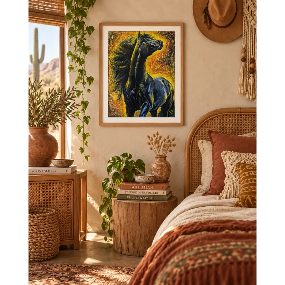 Pyreborne fine art print by Nadine Ewing features a dynamic black horse with flowing mane in a light wood frame