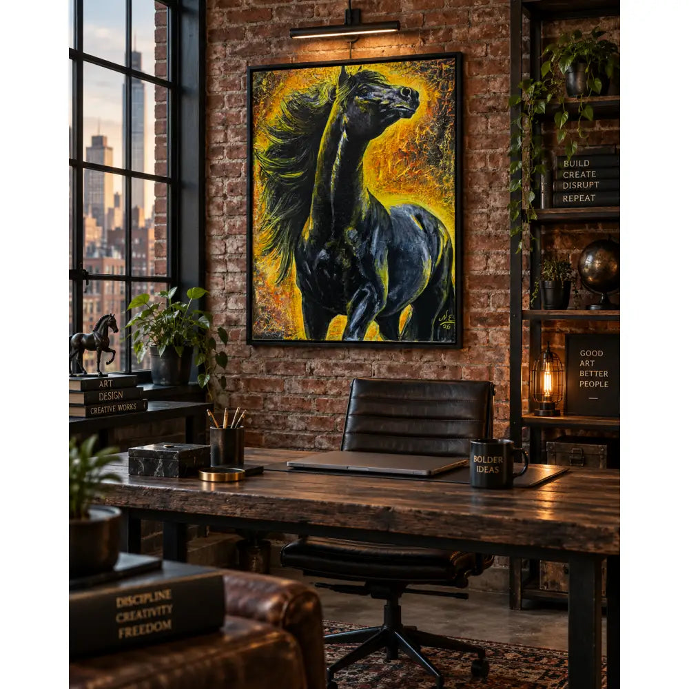 Pyreborne equestrian fine art print by Nadine Ewing features a vibrant black horse with yellow and orange flames in a black frame