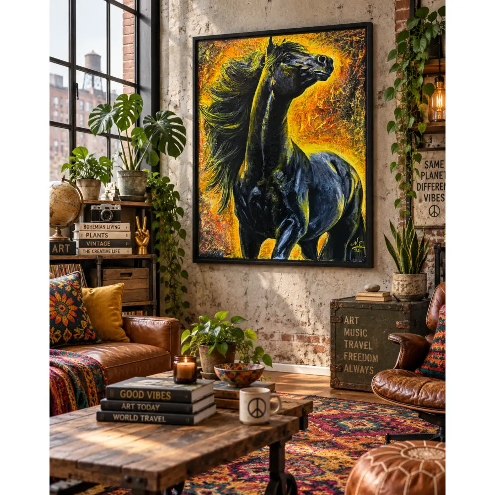 Vibrant black horse fine art print with fiery orange and yellow background by Nadine Ewing framed in sleek black
