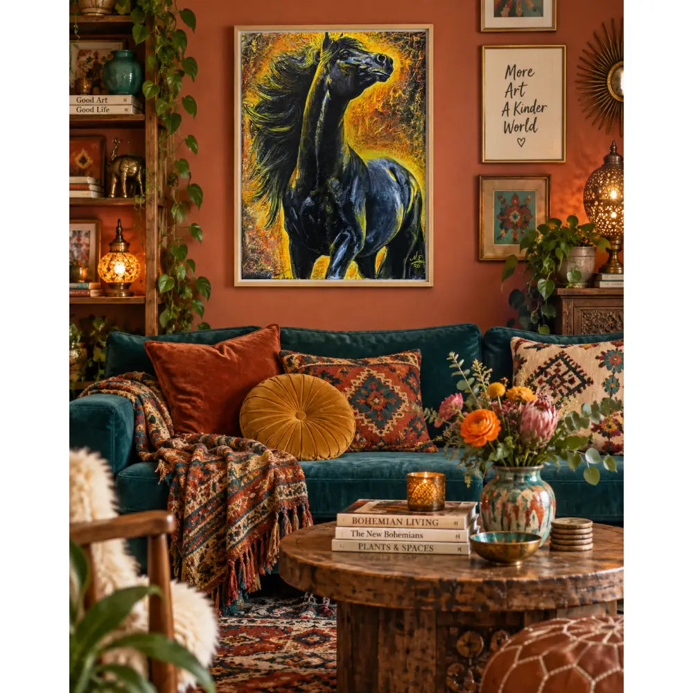 Pyreborne vibrant black horse fine art print by Nadine Ewing with dynamic yellow orange background in white frame
