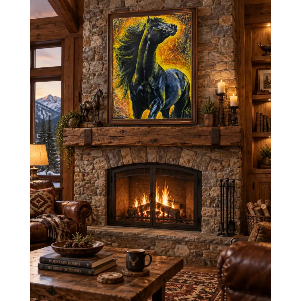 A vibrant fine art print by nadine ewing of a black horse with flowing mane against fiery yellow and orange background