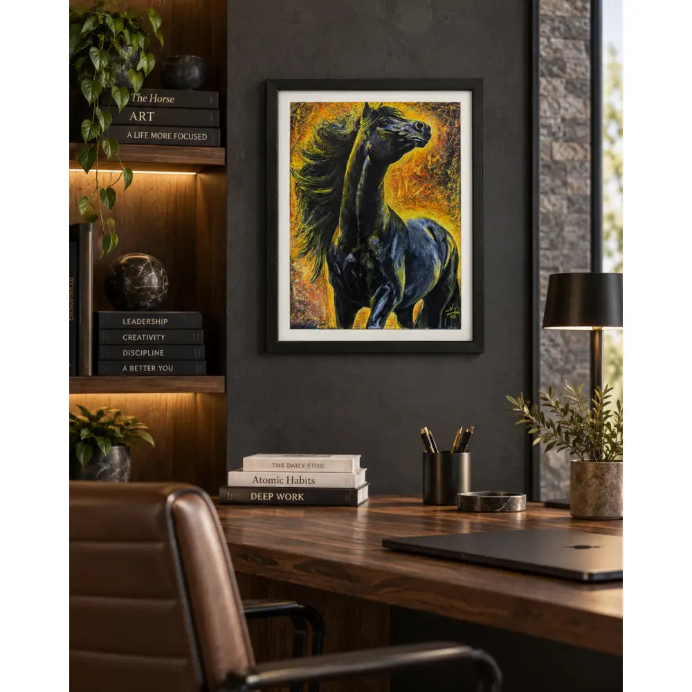 Pyreborne fine art print by nadine ewing features a dynamic black horse with flowing mane in a sleek black frame