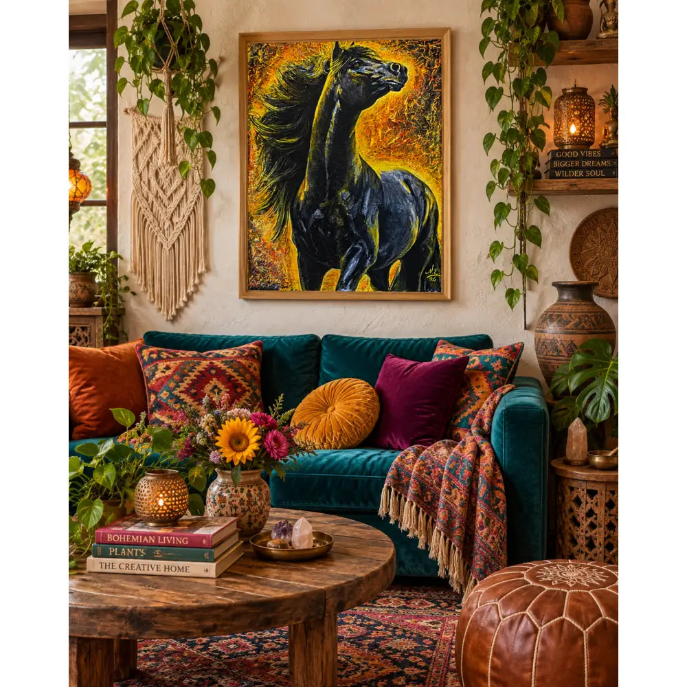 A vibrant fine art print by nadine ewing featuring a black horse with flowing mane on a fiery yellow and orange background