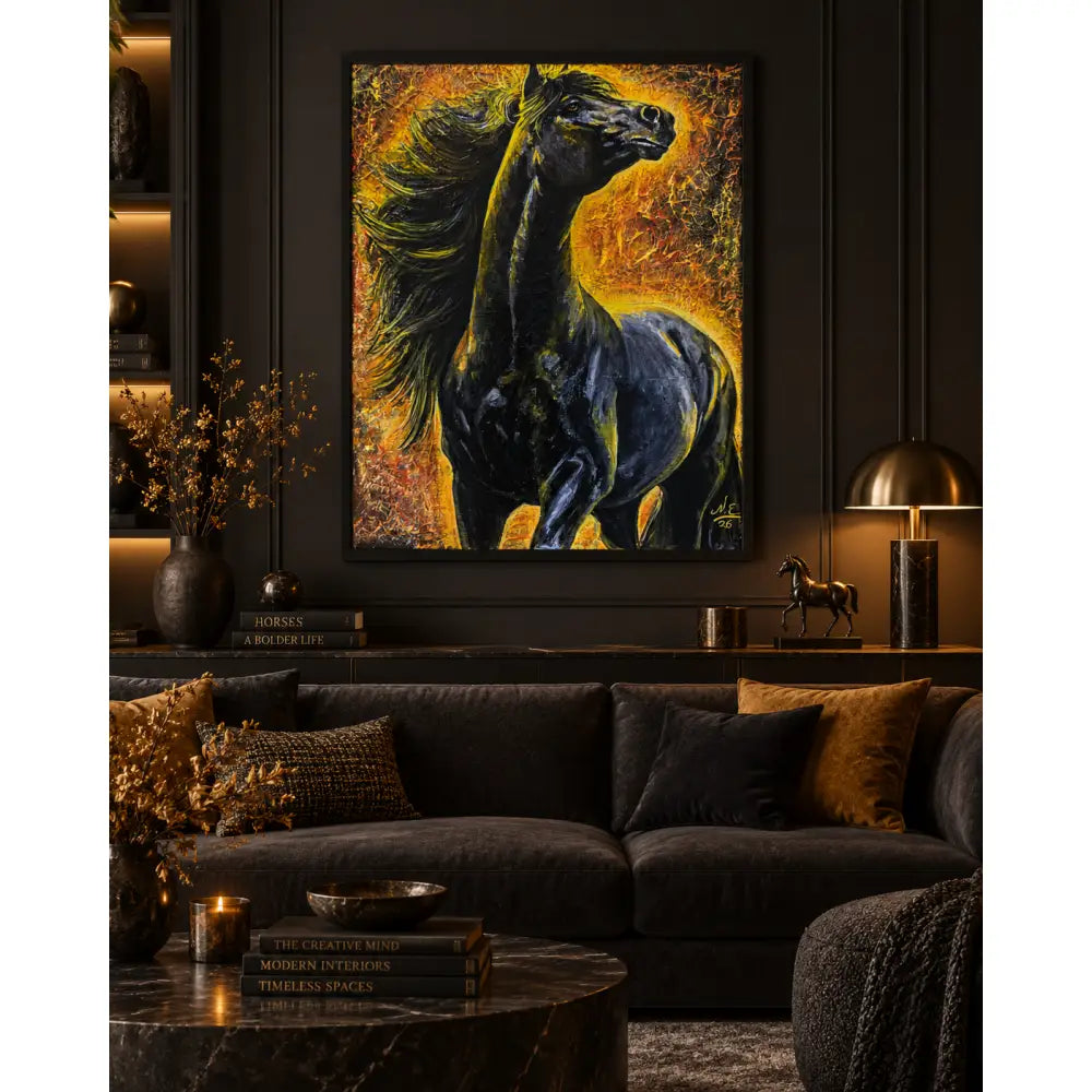 Pyreborne fine art print by Nadine Ewing features a striking black horse with fiery orange and yellow brushstrokes