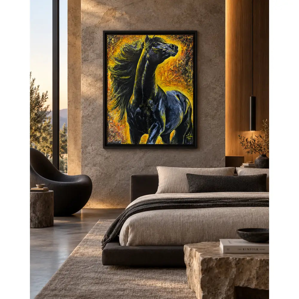 Pyreborne fine art print by nadine ewing features a striking black horse with a flowing mane on a golden background