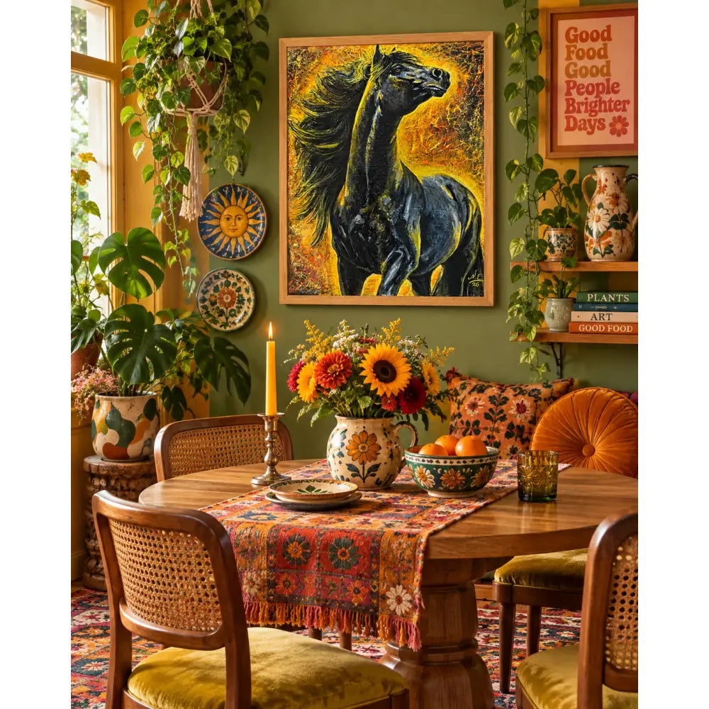 A vibrant fine art print of a black horse with flowing mane on golden yellow background by nadine ewing