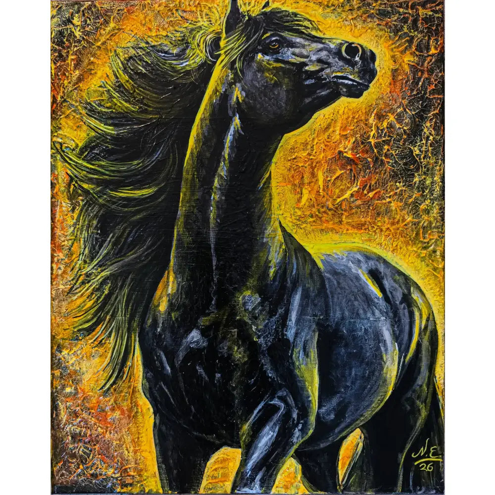 A dynamic black horse with flowing mane on golden background in pyreborne fine art print by nadine ewing
