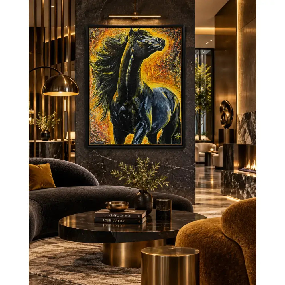 Pyreborne limited edition giclée canvas print of a black horse with flowing mane in a luxury floating frame