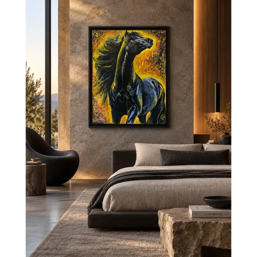 Pyreborne limited edition giclée canvas print of vibrant black horse with yellow orange background in luxury floating frame