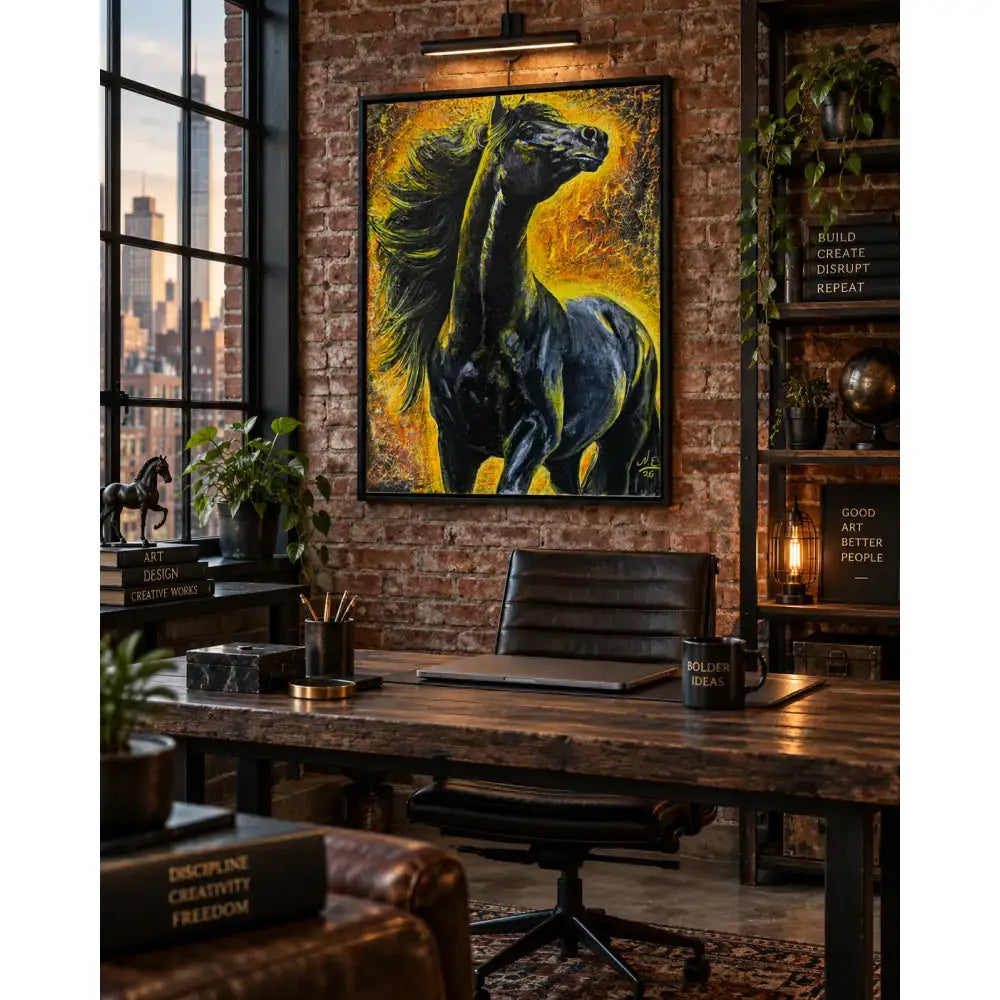 Pyreborne limited edition giclée canvas print of a black horse with yellow and green highlights in luxury floating frame