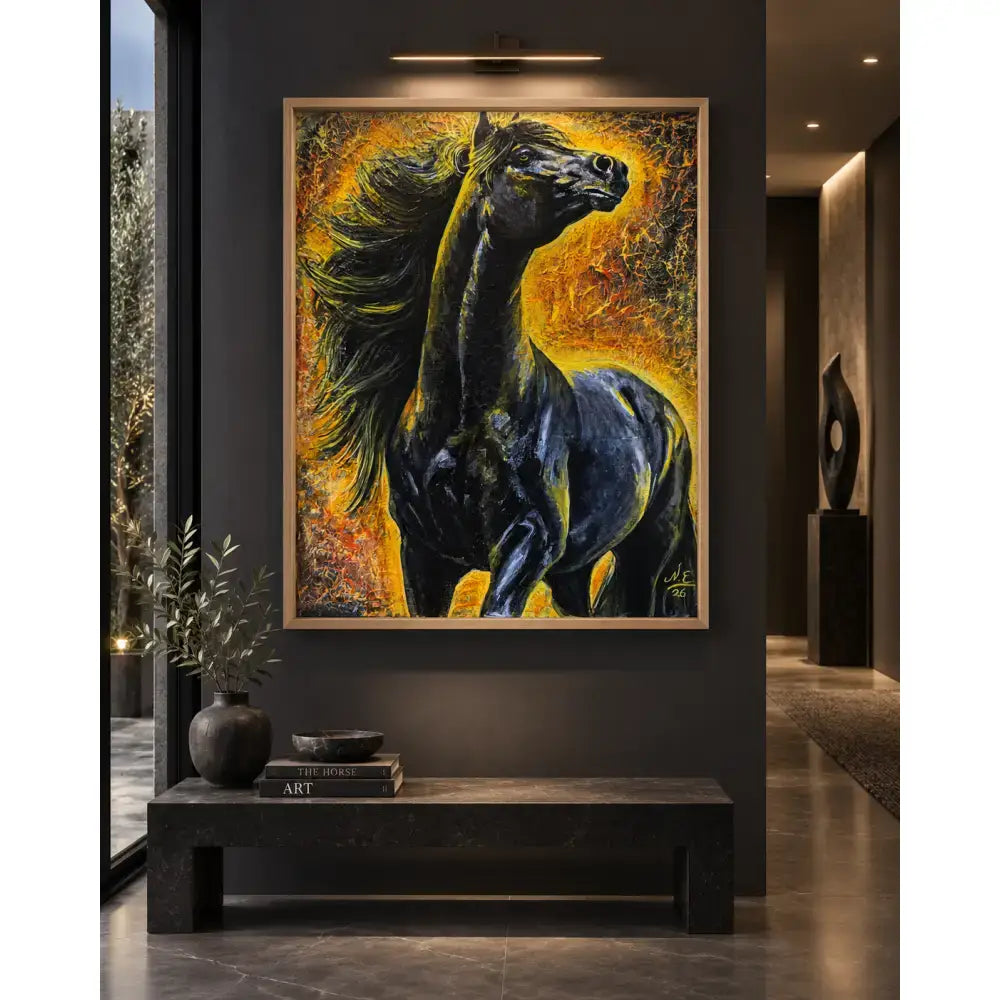 A striking limited edition giclée canvas print of a black horse with yellow and orange strokes in a luxury floating frame