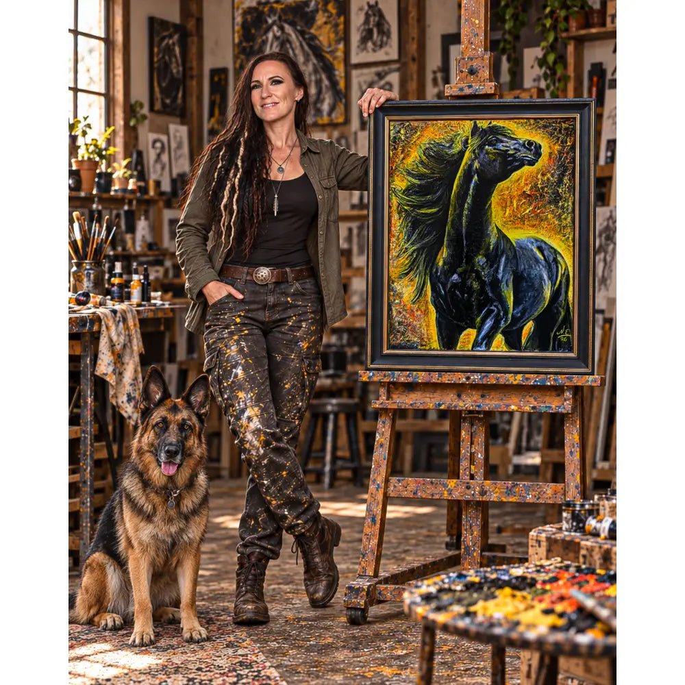 Vibrant original acrylic horse painting pyreborne by nadine ewing featuring a black horse with fiery yellow orange background