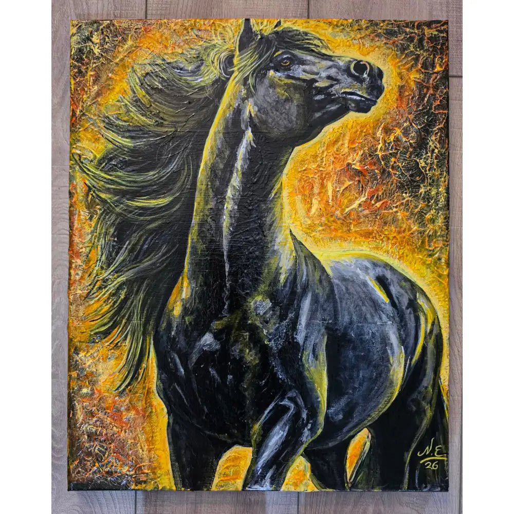 A dynamic original acrylic horse painting by nadine ewing featuring a black horse with a fiery orange and yellow background