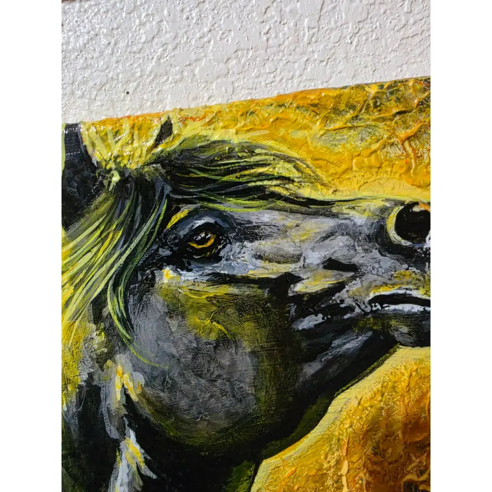 Textured original acrylic horse painting pyreborne by nadine ewing with bold yellow and black brushstrokes on canvas