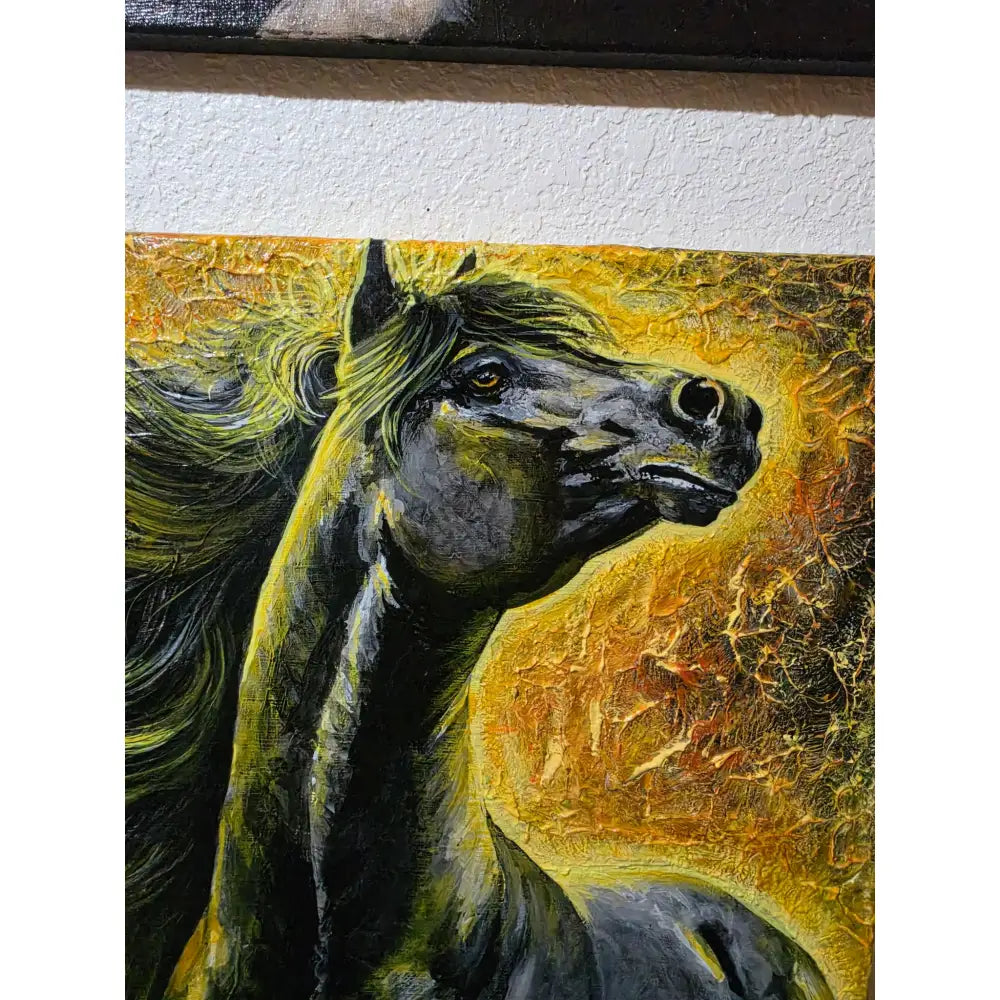 Textured original acrylic horse painting by nadine ewing featuring a black horse with flowing mane on golden-yellow canvas