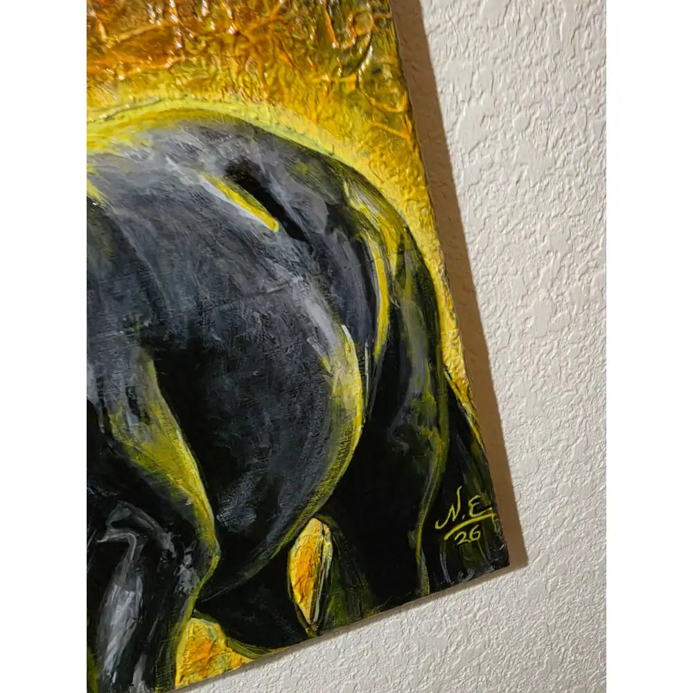 Pyreborne original acrylic horse painting by Nadine Ewing features a glossy black horse outlined in yellow on a golden canvas