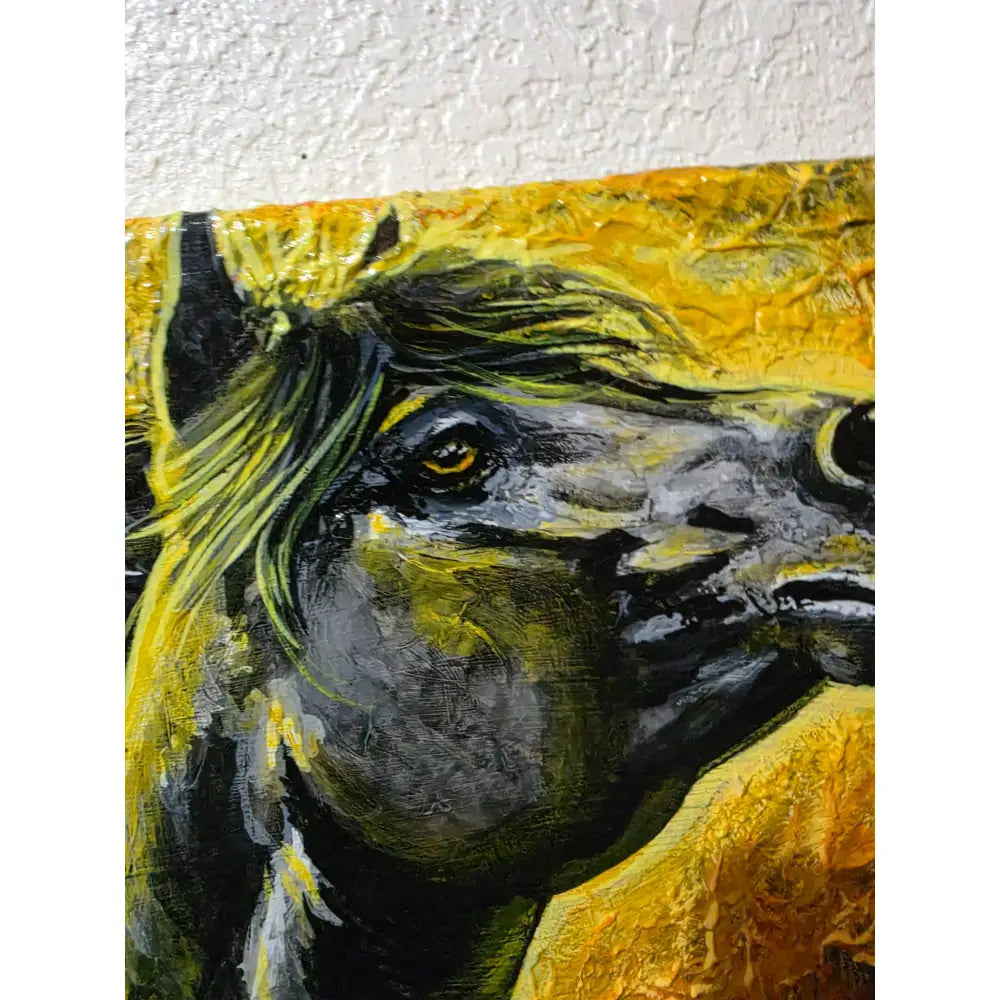 Pyreborne original acrylic horse painting by nadine ewing of a black horse with yellow mane on golden canvas