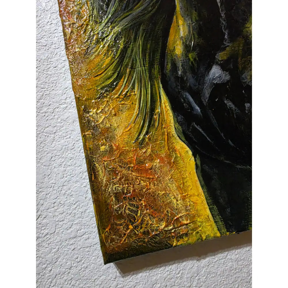 Textured original acrylic horse painting by nadine ewing with bold gold yellow and black impasto strokes pyreborne