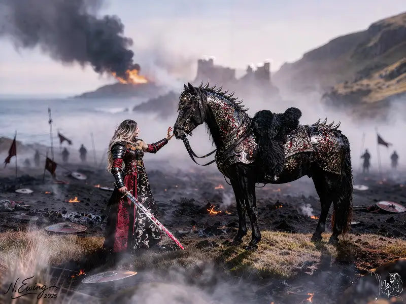 Red and black medieval-style dress with intricate embroidery, metallic armor accents.