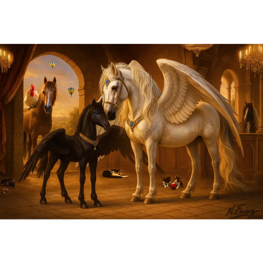 Winged white horse with black foal from Ripley & Obsidian Legacy of the Skies poster
