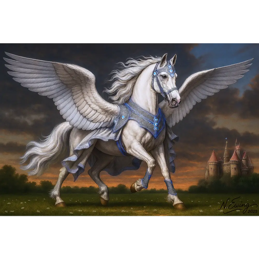 White Pegasus with blue and silver armor displayed on Ripley Royal Pegasus Queen canvas wrap