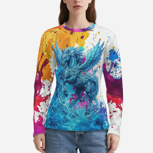 Long-sleeved fantasy Pegasus Sun Shirt UPF50 plus featuring mythical horse design