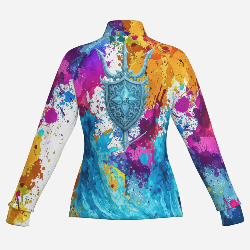 A vibrant long-sleeved zip-up jacket from riptide radiance with rainbow splatter paint and ornate blue trident emblem wearable art