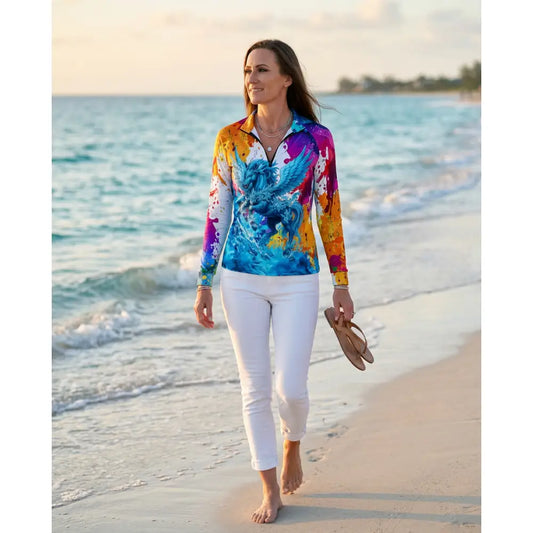 A vibrant riptide radiance equestrian sun shirt with blue and purple pegasus design from the ripley signature collection