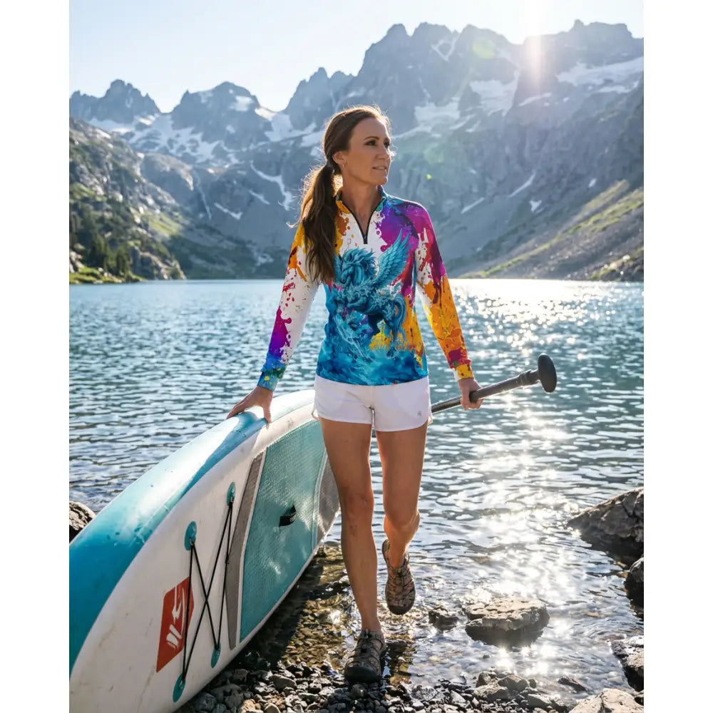A vibrant riptide radiance long-sleeved sun shirt with colorful dragon print from the ripley signature collection wearable art