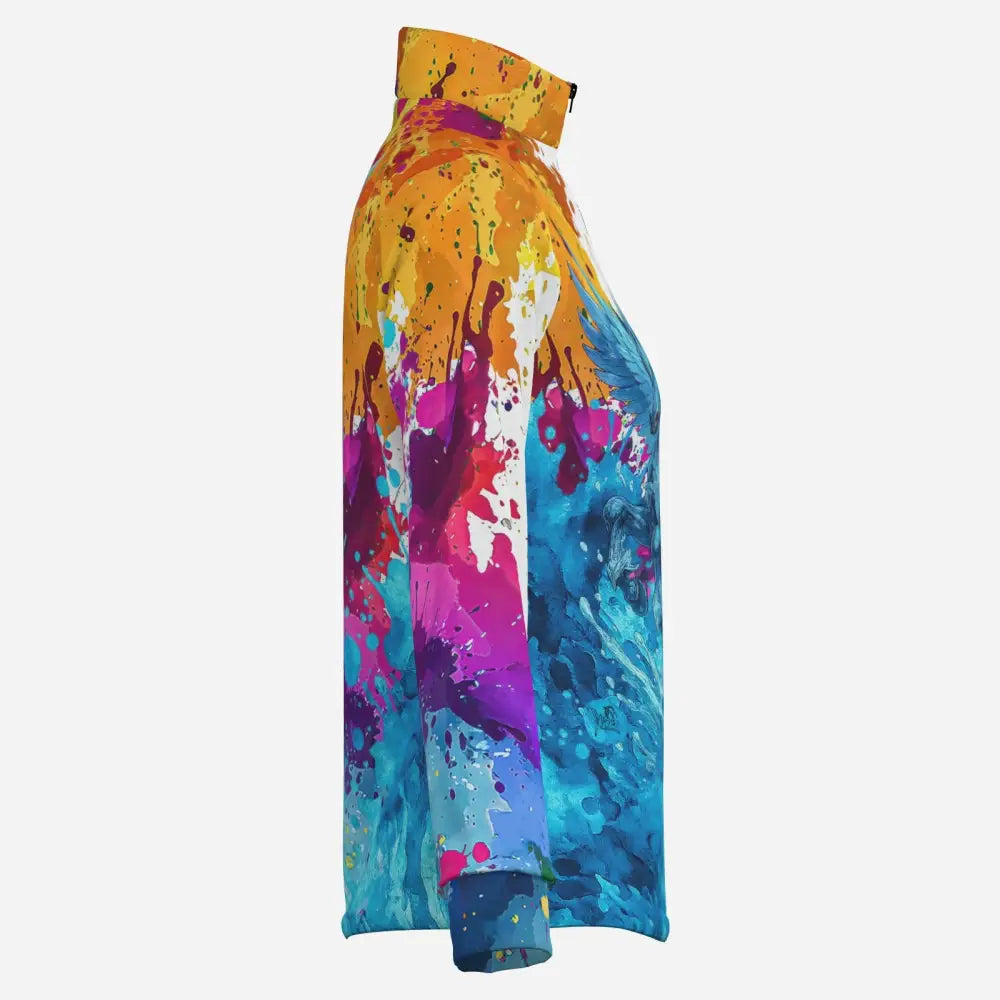 Vibrant long-sleeved riptide radiance equestrian sun shirt with high collar and bold orange magenta blue paint splatter design