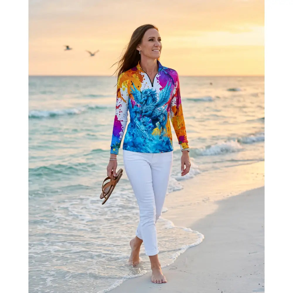 Riptide radiance uv-protective long-sleeve shirt with colorful phoenix design from ripley signature collection wearable art