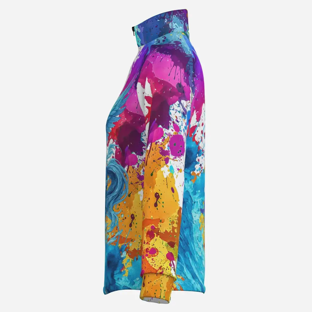 Vibrant abstract paint-splatter riptide radiance zip-up jacket in blues pinks purples and yellows from ripley signature collection wearable art