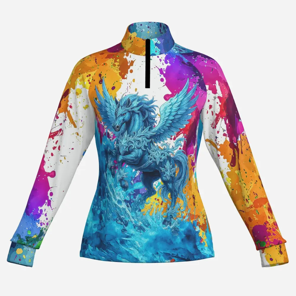 A vibrant long-sleeved riptide radiance sun shirt with a blue winged horse and colorful paint splatters from the ripley signature collection wearable art