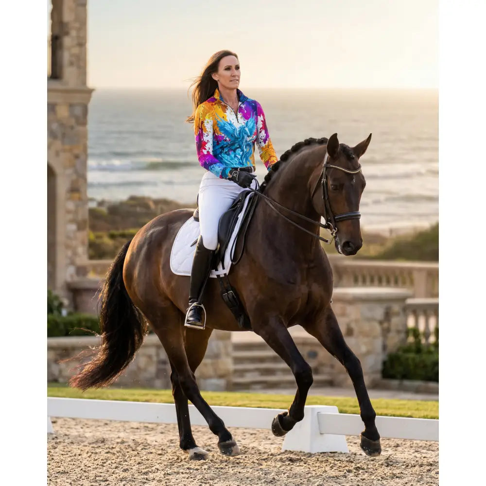 Vibrant tie-dye equestrian shirt in riptide radiance from the ripley signature collection with wearable art design