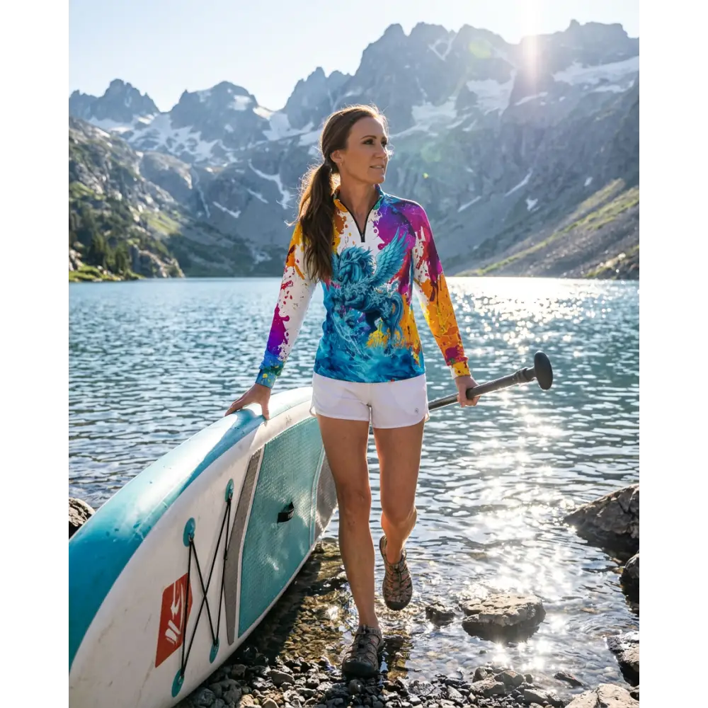 Riptide Radiance performance equestrian sun shirt with colorful dragon graphic and splatter paint in blue purple orange yellow