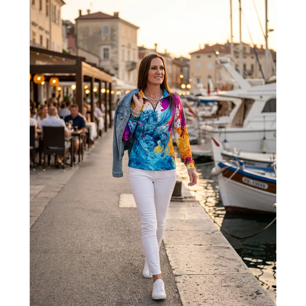 A vibrant long-sleeved riptide radiance sun shirt with a bold blue purple and orange phoenix design upf50 plus