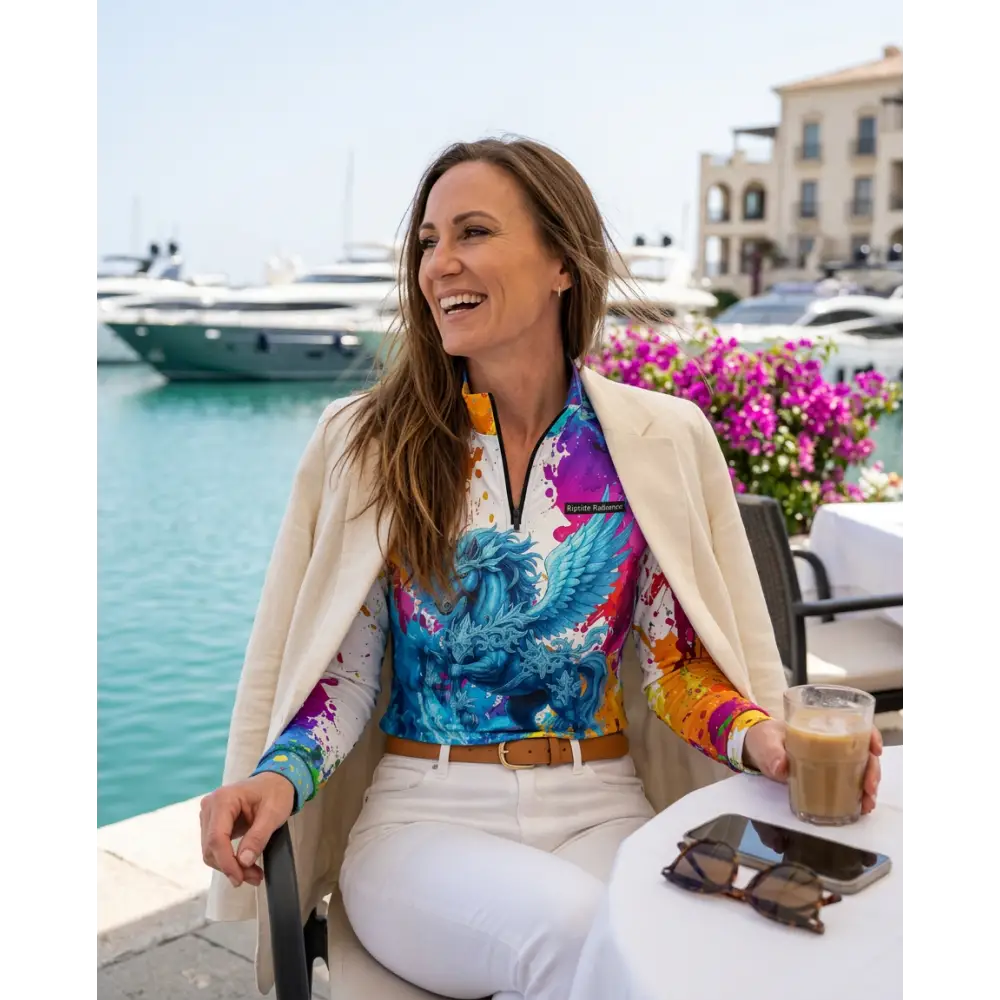 Vibrant blue and multicolored winged print riptide radiance performance equestrian sun shirt with upf50+ protection