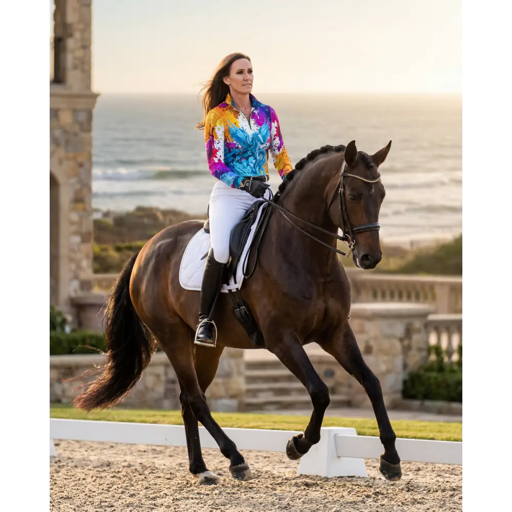 Vibrant tie-dye riptide radiance performance equestrian sun shirt upf50 plus with blue purple and orange abstract pattern